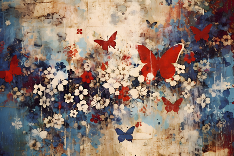 Designpapier "Flowers & Butterflies" rot/blau // 12 Seiten // DIN A 4 // doppelseitig bedruckt + 1 Bonusseite