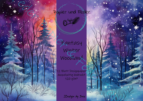 Designpapier "Fantasy Winter Woodland" // 12 Seiten // DIN A 4 // doppelseitig bedruckt