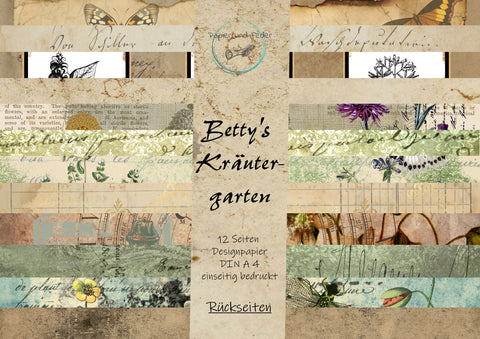 Designpapier "Betty's Kräutergarten" // 12 Seiten // DIN A 4 // EINSEITIG bedruckt (Rückseiten)