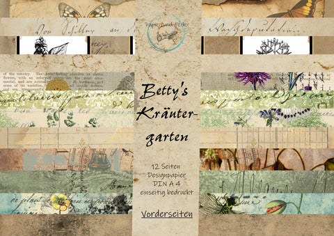 Designpapier "Betty's Kräutergarten" // 12 Seiten // DIN A 4 // EINSEITIG bedruckt (Vorderseiten)