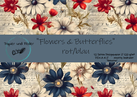 Designpapier "Flowers & Butterflies" // 12 Seiten EINSEITIG bedruckt (Rückseiten)