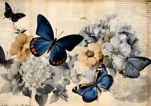 Designpapier "Flowers & Butterflies" // "kleines Format" auf DIN A 4 // 6 Seiten + eine Bonusseite