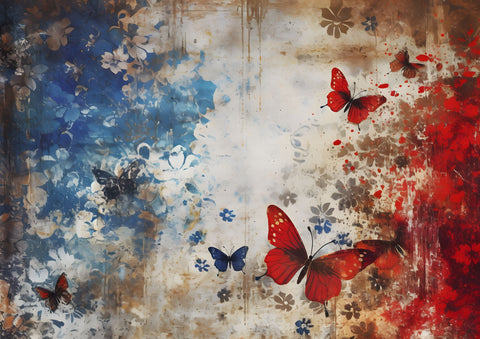 Designpapier "Flowers & Butterflies" rot/blau // 12 Seiten // DIN A 4 // doppelseitig bedruckt + 1 Bonusseite