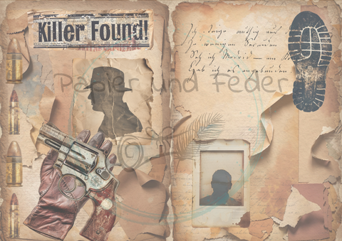 Designpapier "Den Tätern auf der Spur" // 8 Blatt // DIN A 4 // doppelseitig bedruckt // 110 g/m²