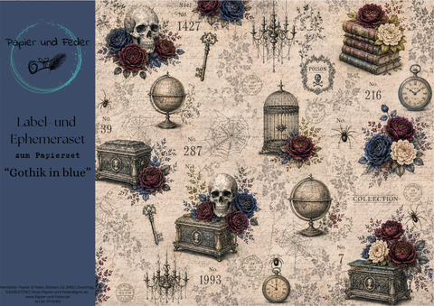 Label- und Ephemeraset zum Papierset "Gothik in blue" // 11 Seiten // DIN A 4 // 160 g/m²