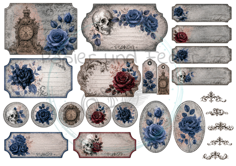 Label- und Ephemeraset zum Papierset "Gothik in blue" // 11 Seiten // DIN A 4 // 160 g/m²