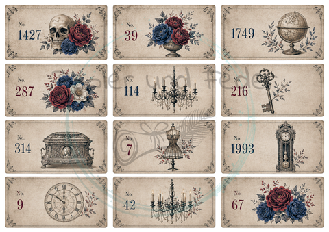 Label- und Ephemeraset zum Papierset "Gothik in blue" // 11 Seiten // DIN A 4 // 160 g/m²