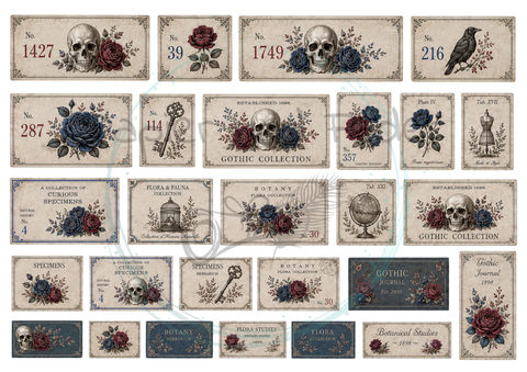 Label- und Ephemeraset zum Papierset "Gothik in blue" // 11 Seiten // DIN A 4 // 160 g/m²