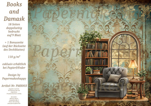 "Books & Damask" // Papermakeshappy // 9 Blatt Designpapier // doppelseitig bedruckt