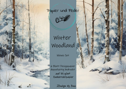 Designpapier "Winter Woodland" // auf Zuckerrohrpapier // "kleines Format" auf DIN A 4 // 6 Seiten + eine Bonusseite