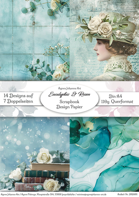"Eukalyptus und Rosen"(Januar 2026) // AgnesJohanna Art // 7 Blatt Designpapier // doppelseitig bedruckt