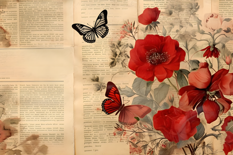 Design paper "Flowers &amp; Butterflies" red/blue // 12 pages // DIN A 4 // printed on both sides + 1 bonus page