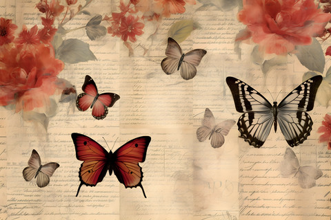 Design paper "Flowers &amp; Butterflies" red/blue // 12 pages // DIN A 4 // printed on both sides + 1 bonus page