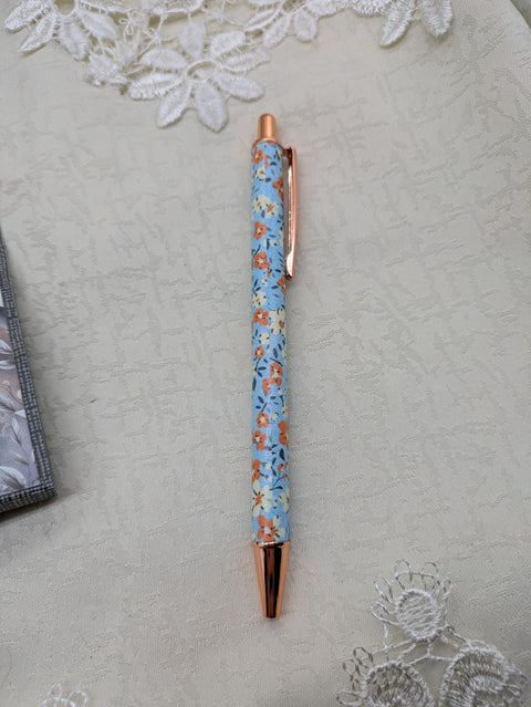 Kugelschreiber mit Motiv "hellblau / orange Floral" // Papier & Feder