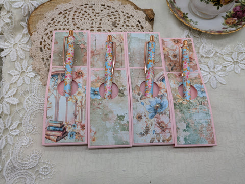 Kugelschreiber mit Motiv "hellblau/pink floral" // Papier & Feder