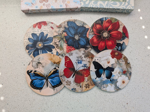 6 Untersetzer/Coasters "Flowers & Butterflies" // handgemacht von Sina