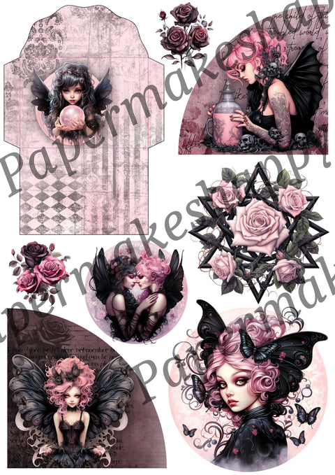 "Pink Gothic Fairies" // Papermakeshappy // Ephemera-Set // 200 g/m²