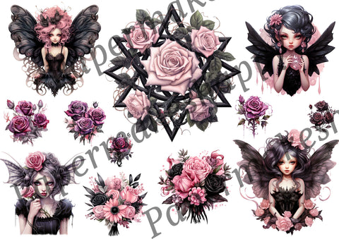 "Pink Gothic Fairies" // Papermakeshappy // Ephemera-Set // 200 g/m²