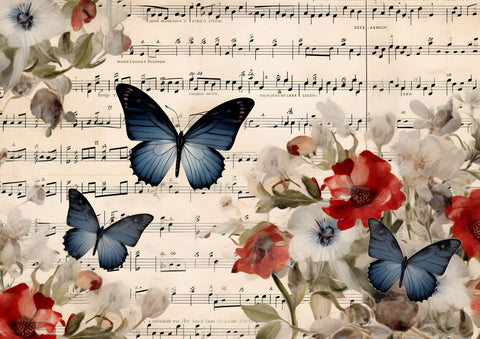 Designpapier "Flowers & Butterflies" rot/blau // 12 Seiten // DIN A 4 // doppelseitig bedruckt + 1 Bonusseite