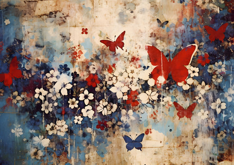 Designpapier "Flowers & Butterflies" rot/blau // 12 Seiten // DIN A 4 // doppelseitig bedruckt + 1 Bonusseite